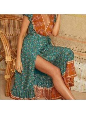Bohemian Floral Maxi Dress in Teal and Rust wrap floral dress vintage